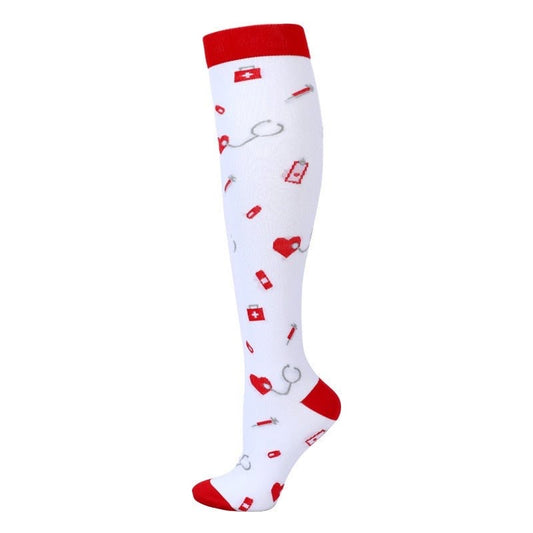 Red and White Medical Print Compression Socks